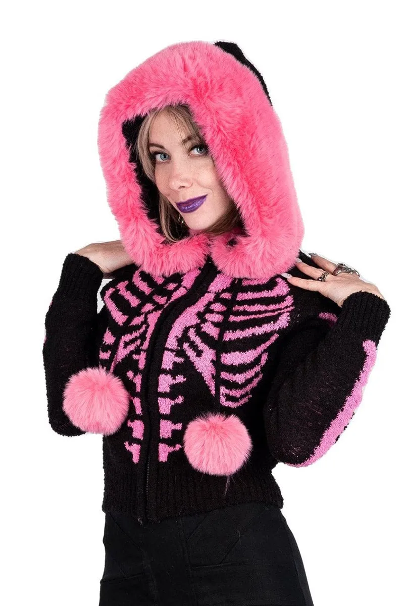 Bony Rib Cage Skeleton Fur Sweater [BLACK/PINK]