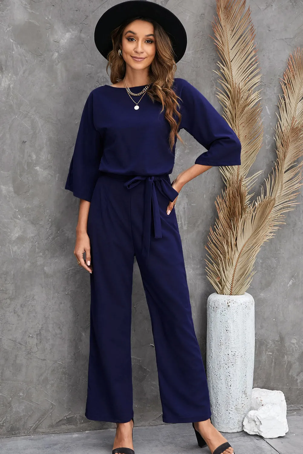 Bracelet Sleeve Waist Tie Wide Leg Jumpsuit