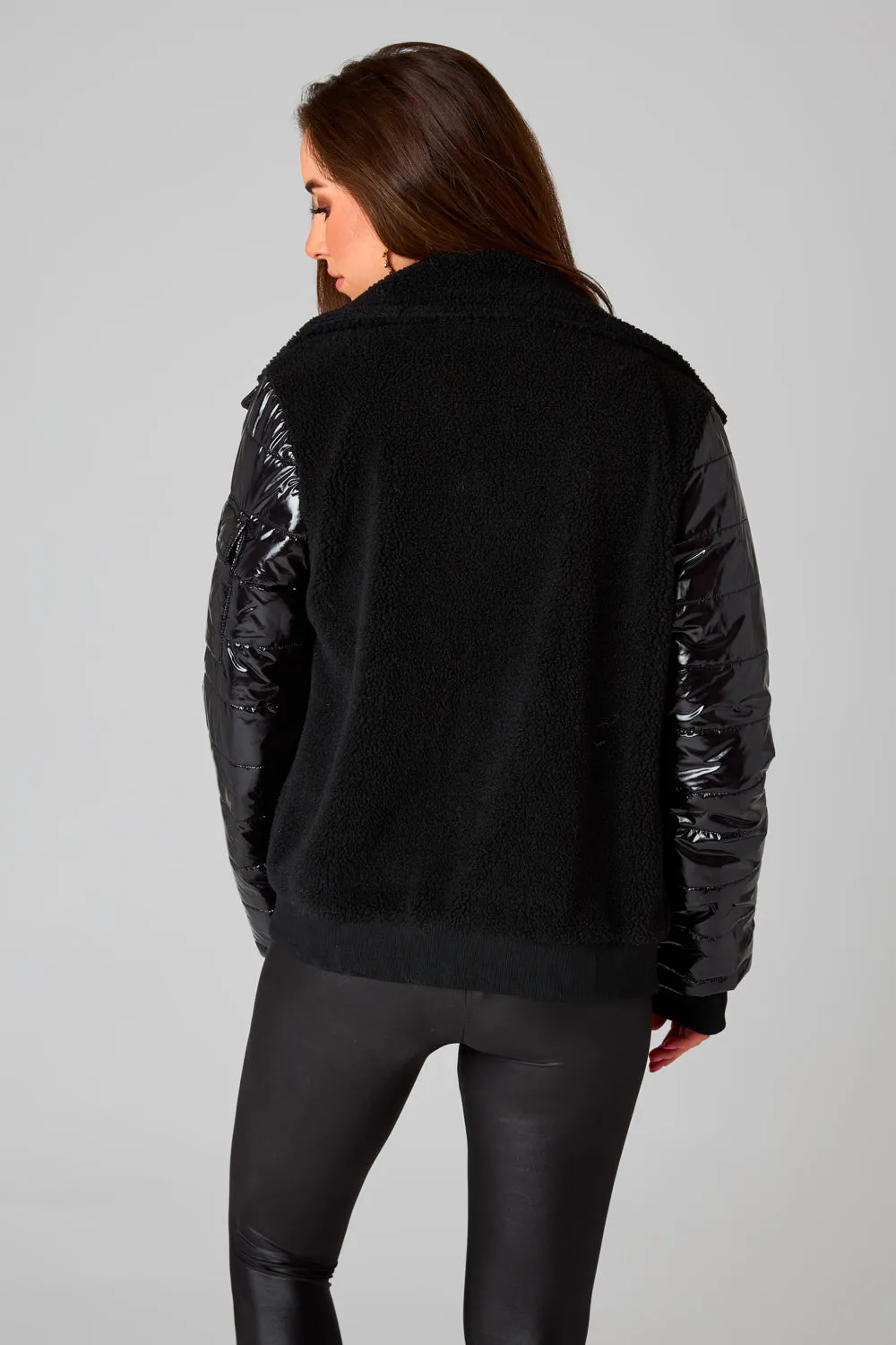 Brody Sherpa Jacket with Patent Sleeves -Black