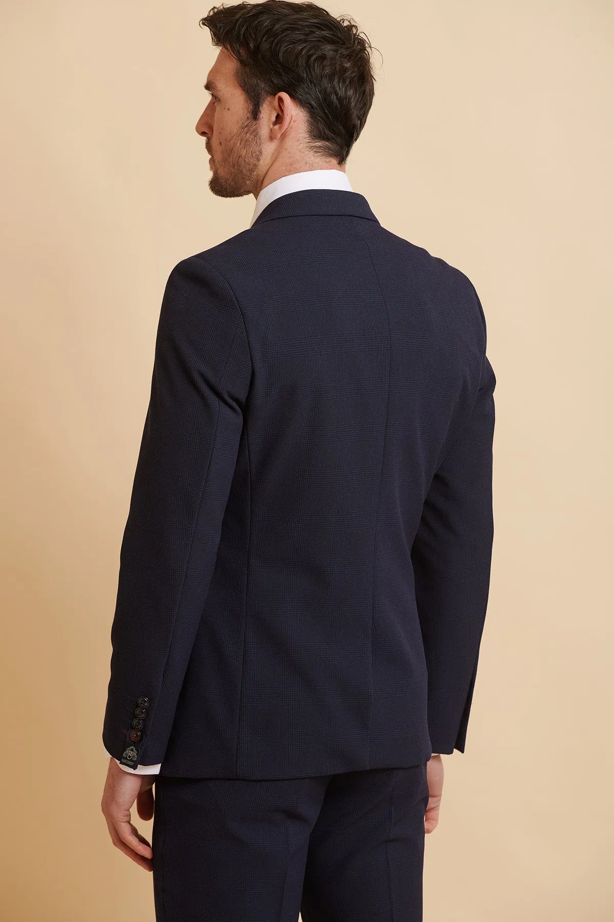 BROMLEY - Navy Double Breasted Check Blazer