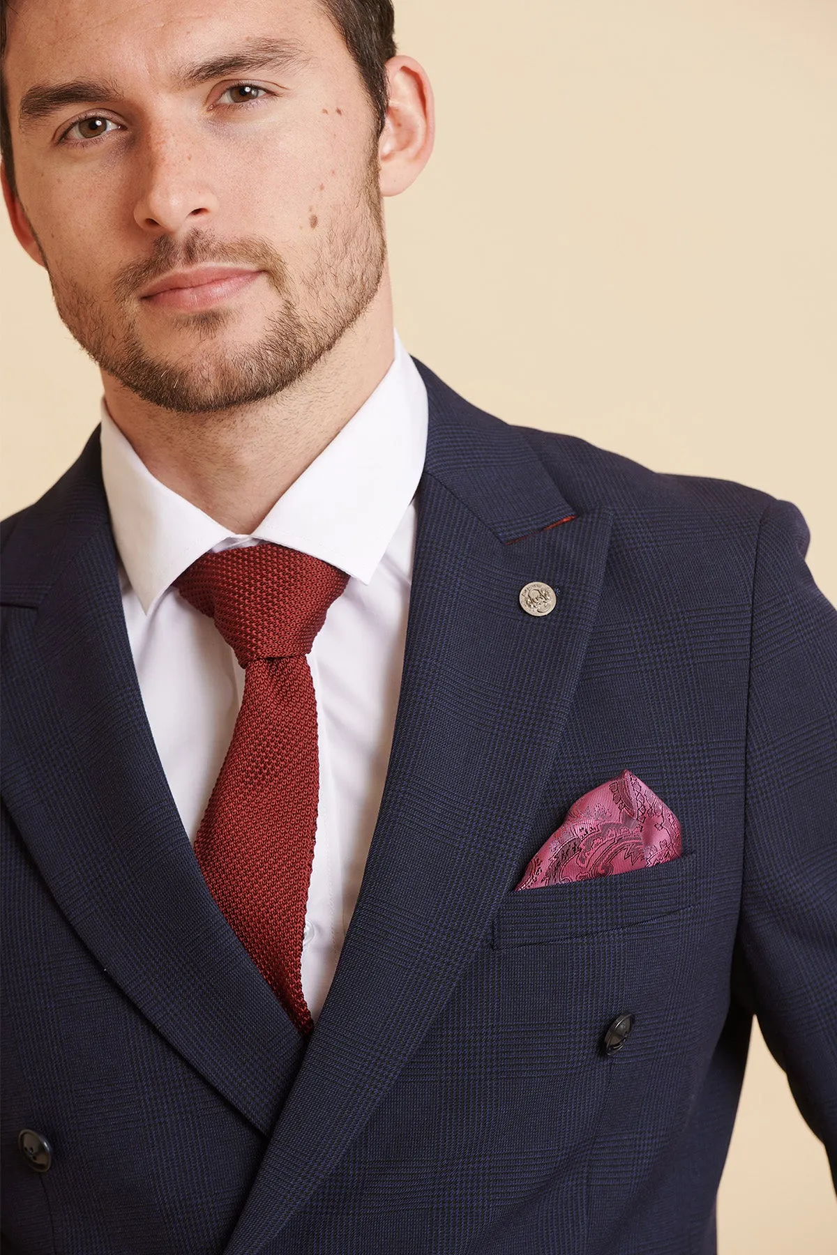 BROMLEY - Navy Double Breasted Check Blazer