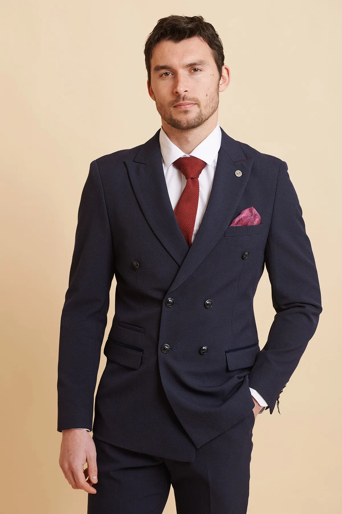 BROMLEY - Navy Double Breasted Check Blazer