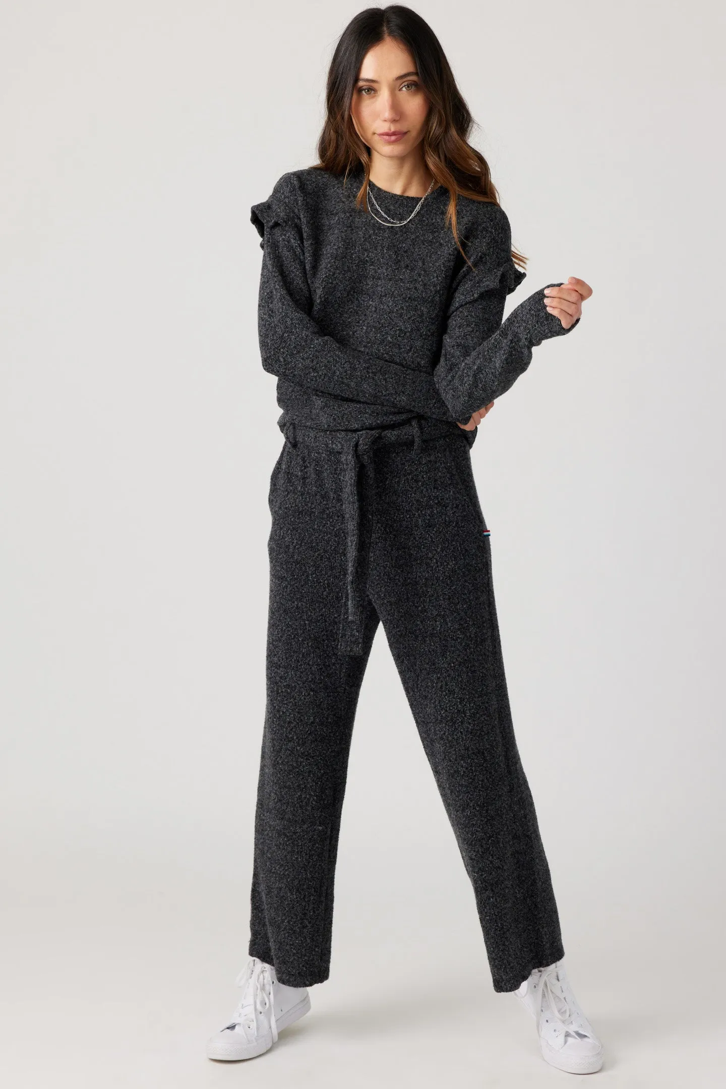 Brushed Boucle Crop Tie Pant - Black