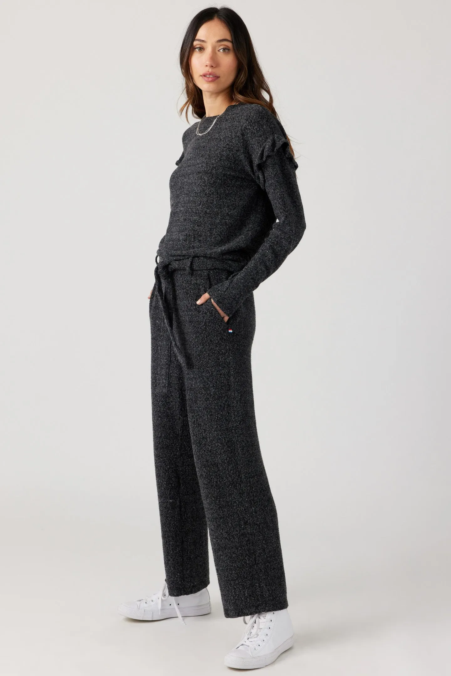 Brushed Boucle Crop Tie Pant - Black