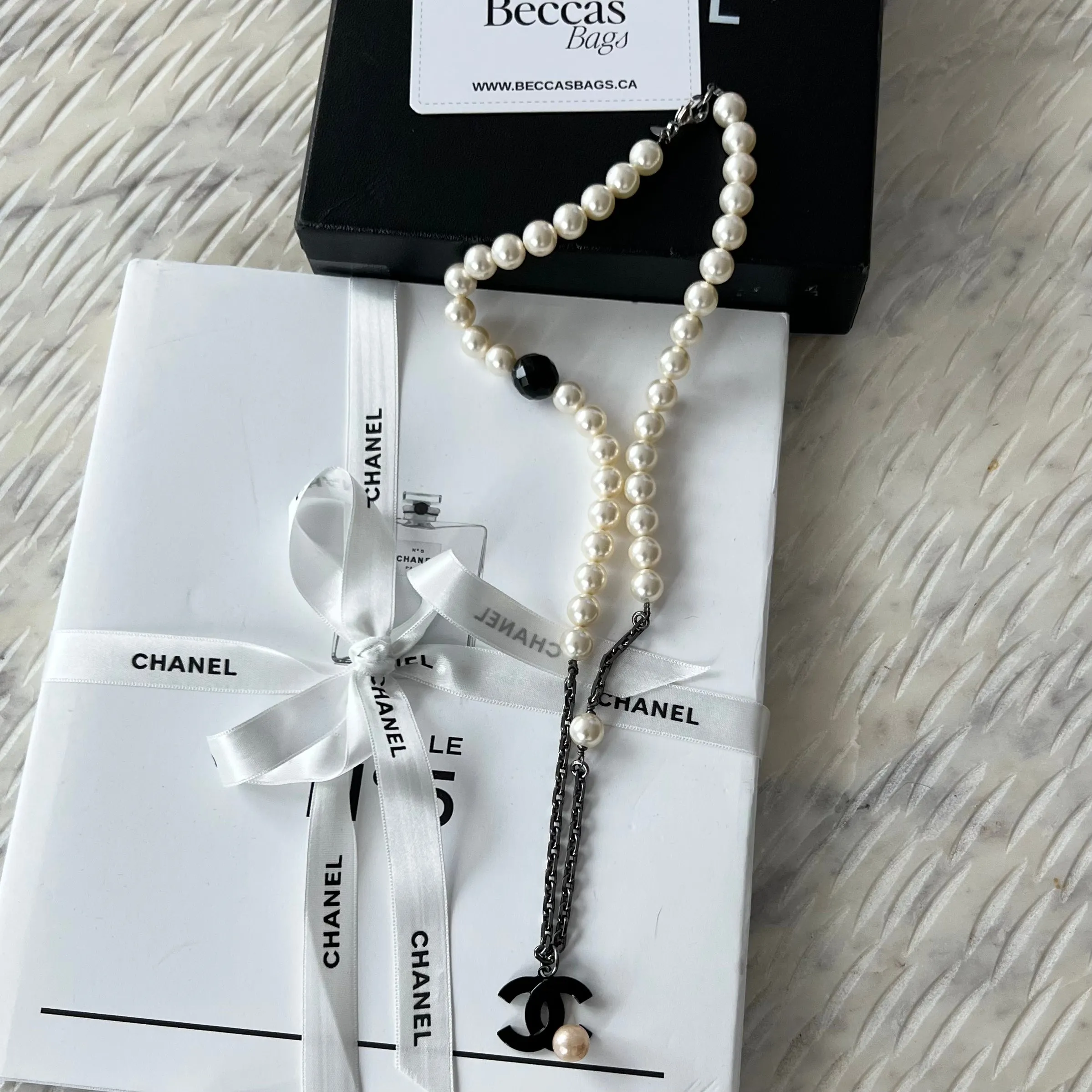 Chanel CC Faux Pearl Black and White Necklace