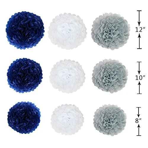 CHOTIKA 23pcs Tissue Paper Flowers Pom Poms Party Girl Decorations Tassel Garland for Wedding Bridal Shower graduation bachelorette celebrate first birthday graduate supplies (Navy Blue, White, Grey)