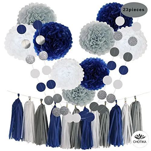 CHOTIKA 23pcs Tissue Paper Flowers Pom Poms Party Girl Decorations Tassel Garland for Wedding Bridal Shower graduation bachelorette celebrate first birthday graduate supplies (Navy Blue, White, Grey)