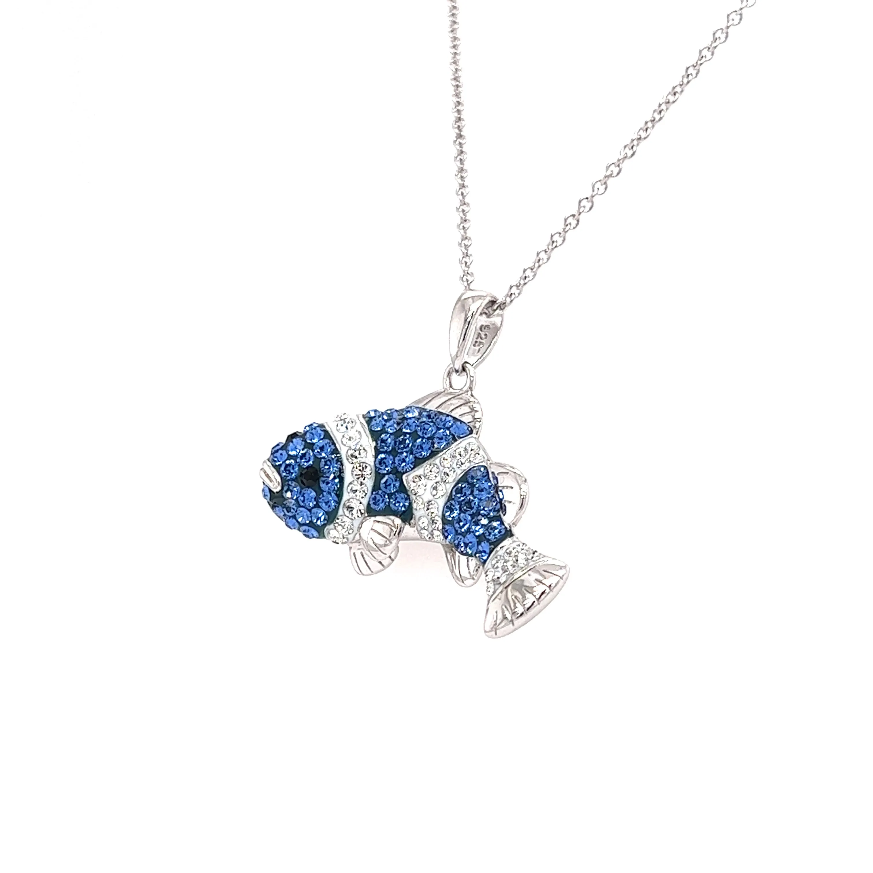 Clownfish Necklace with Blue and White Crystals in Sterling Silver