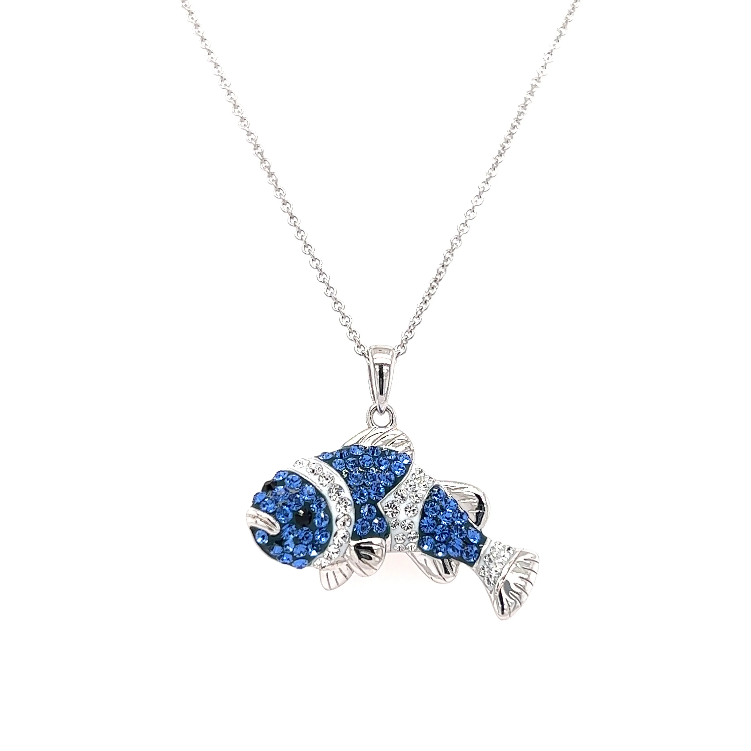 Clownfish Necklace with Blue and White Crystals in Sterling Silver