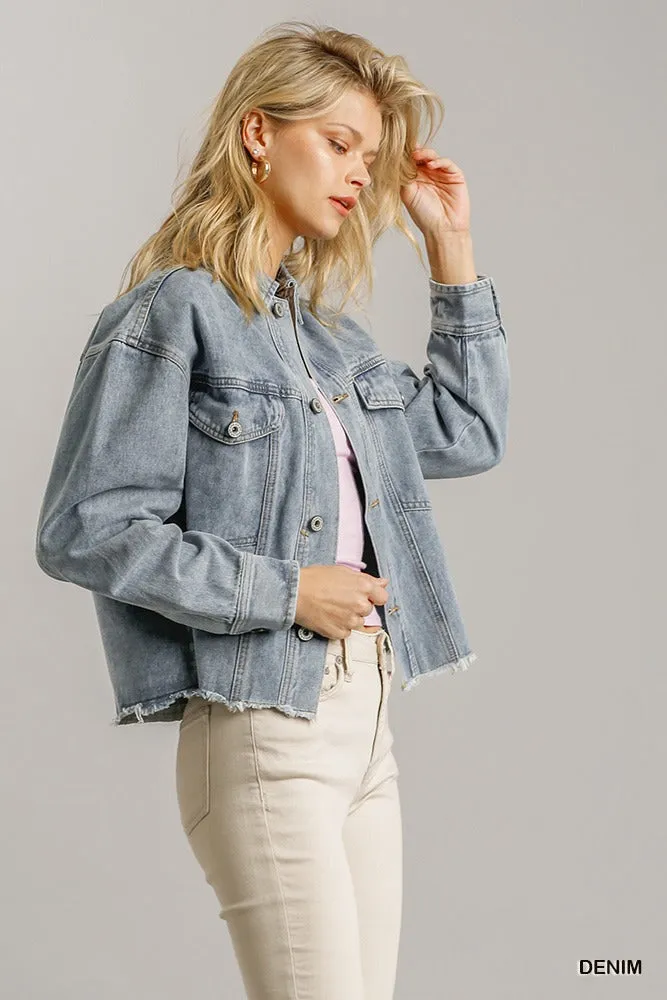 Collar Button Down Denim Jacket With Chest Pockets