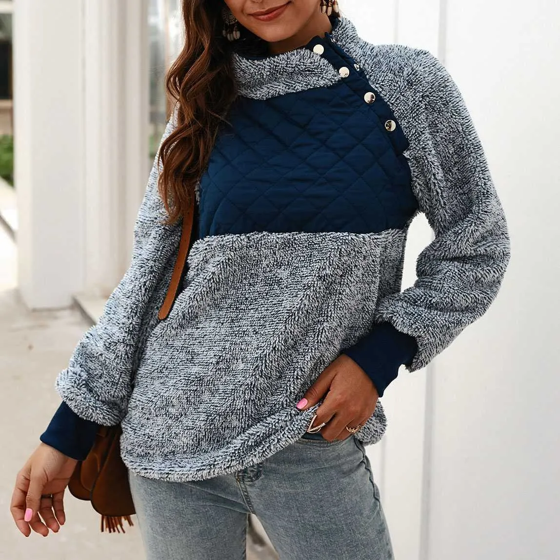 Colorblock Wubby Asymmetrical Snap Up Fleece Pullover Sweatshirt