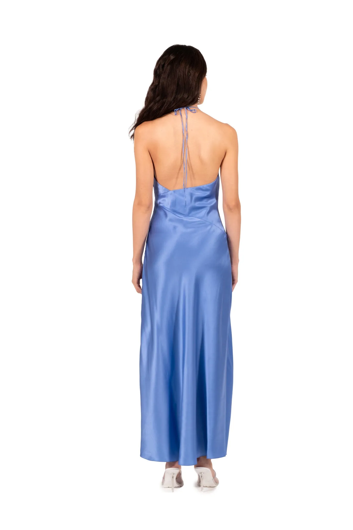 Cornflower Blue High Slit Deep V Halter Maxi