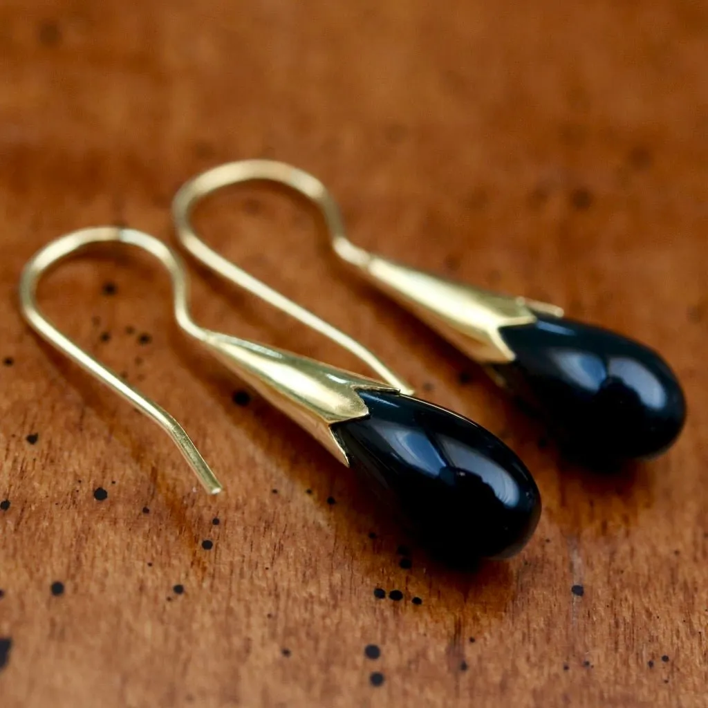 Cornflower Bud 14k Gold and Onyx Drop Earrings