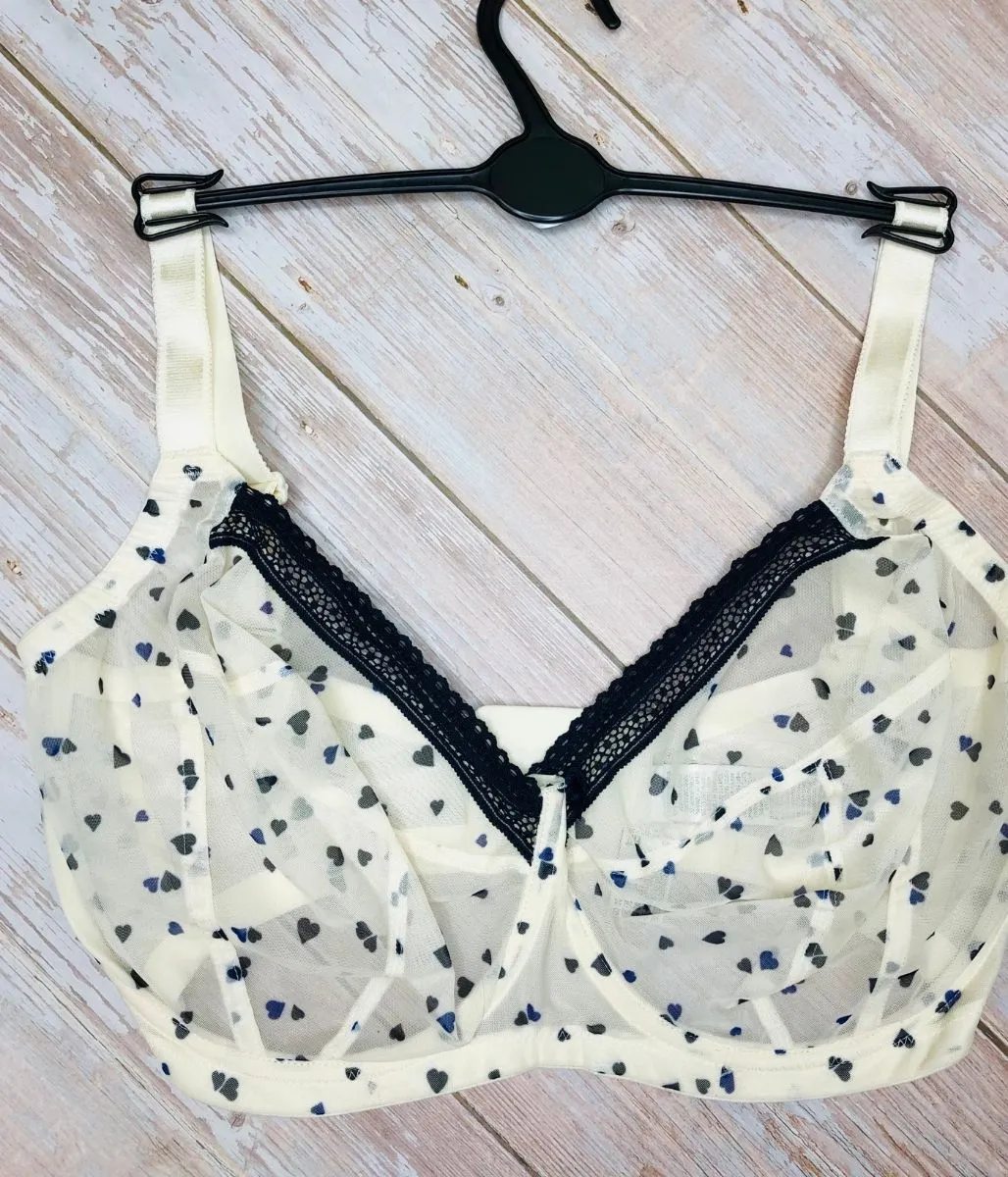 Cream Heart Printed Mesh Bra