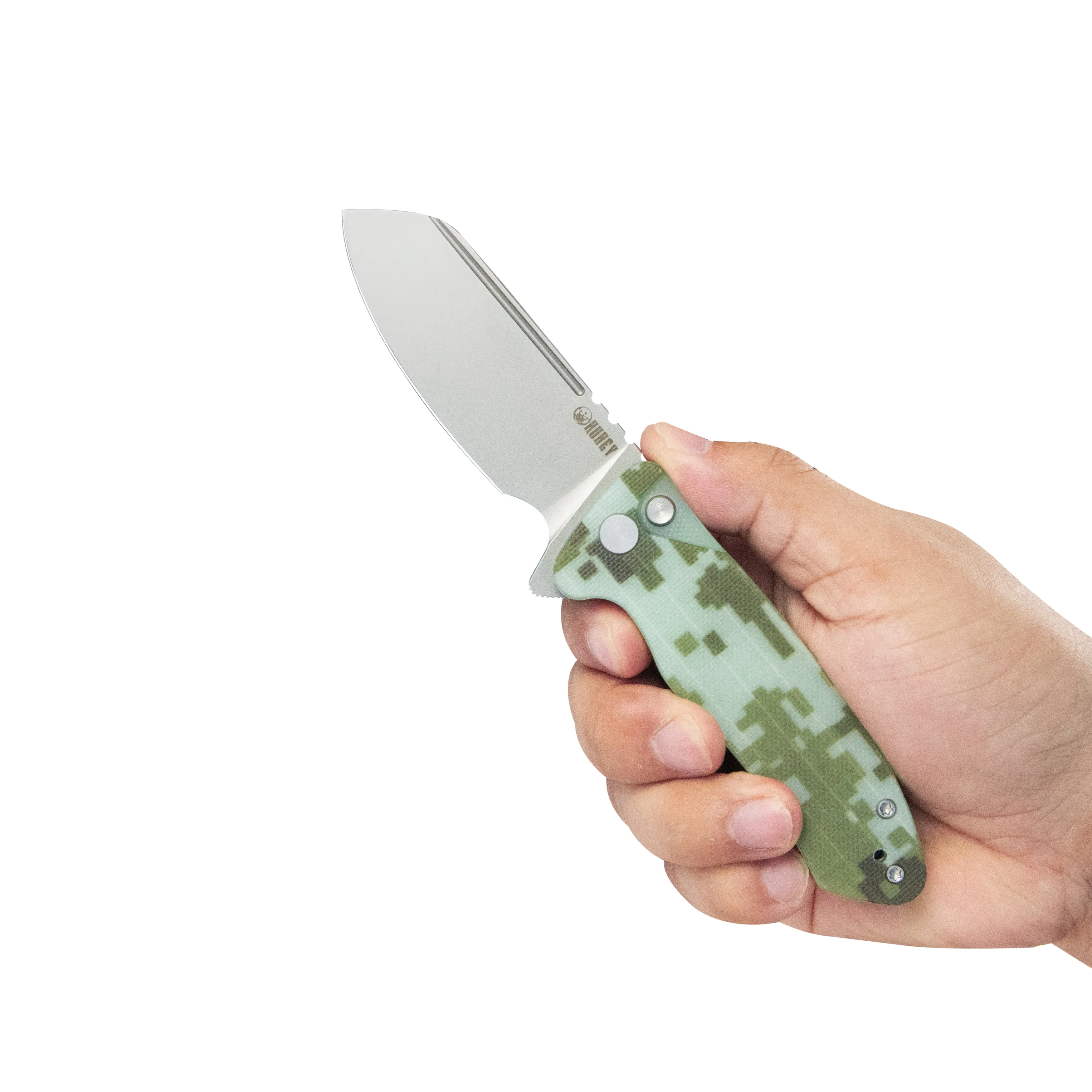 Creon Small Pocket Knife with Button Lock Camo G10 Handle 2.87 Beadblasted AUS-10 KU336J