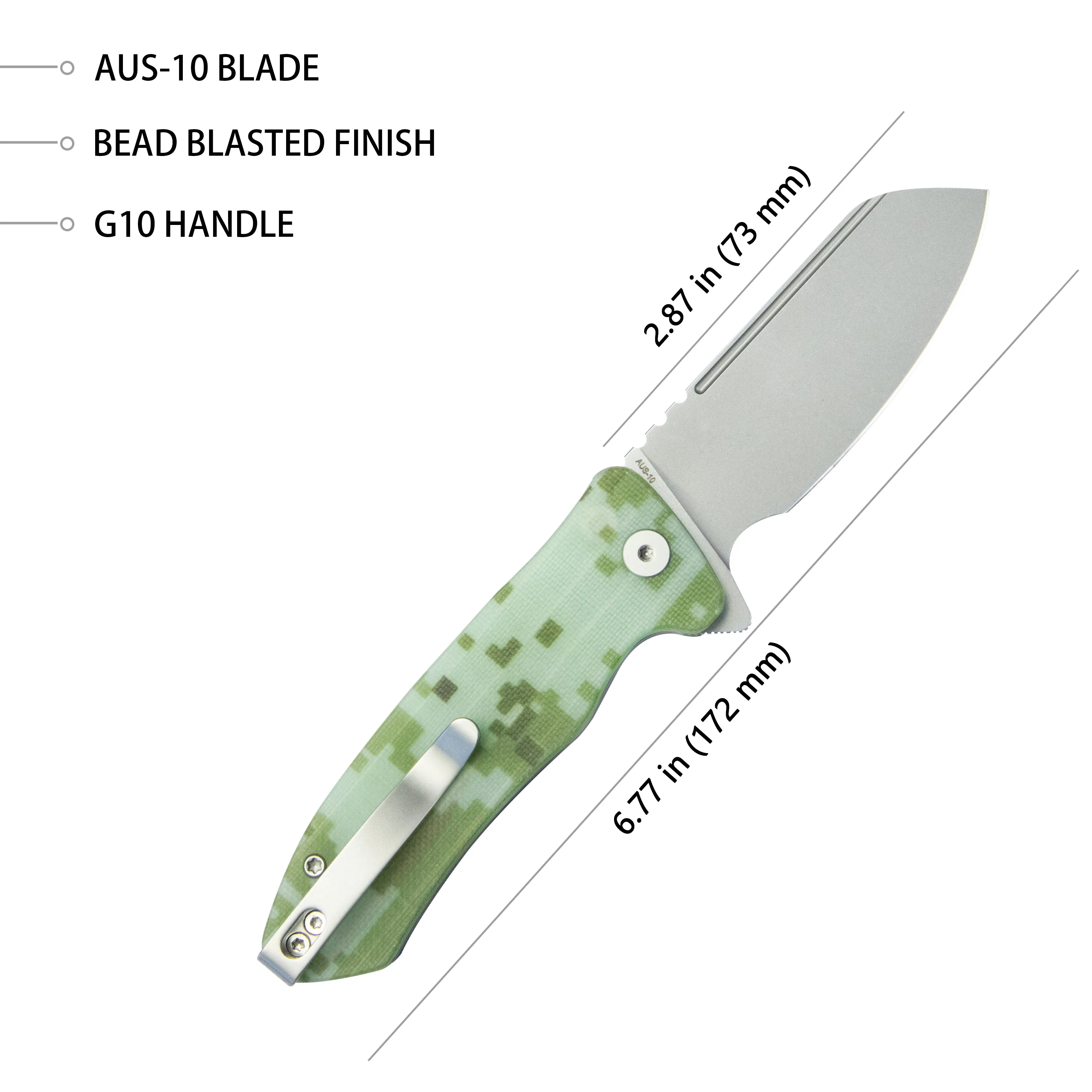 Creon Small Pocket Knife with Button Lock Camo G10 Handle 2.87 Beadblasted AUS-10 KU336J