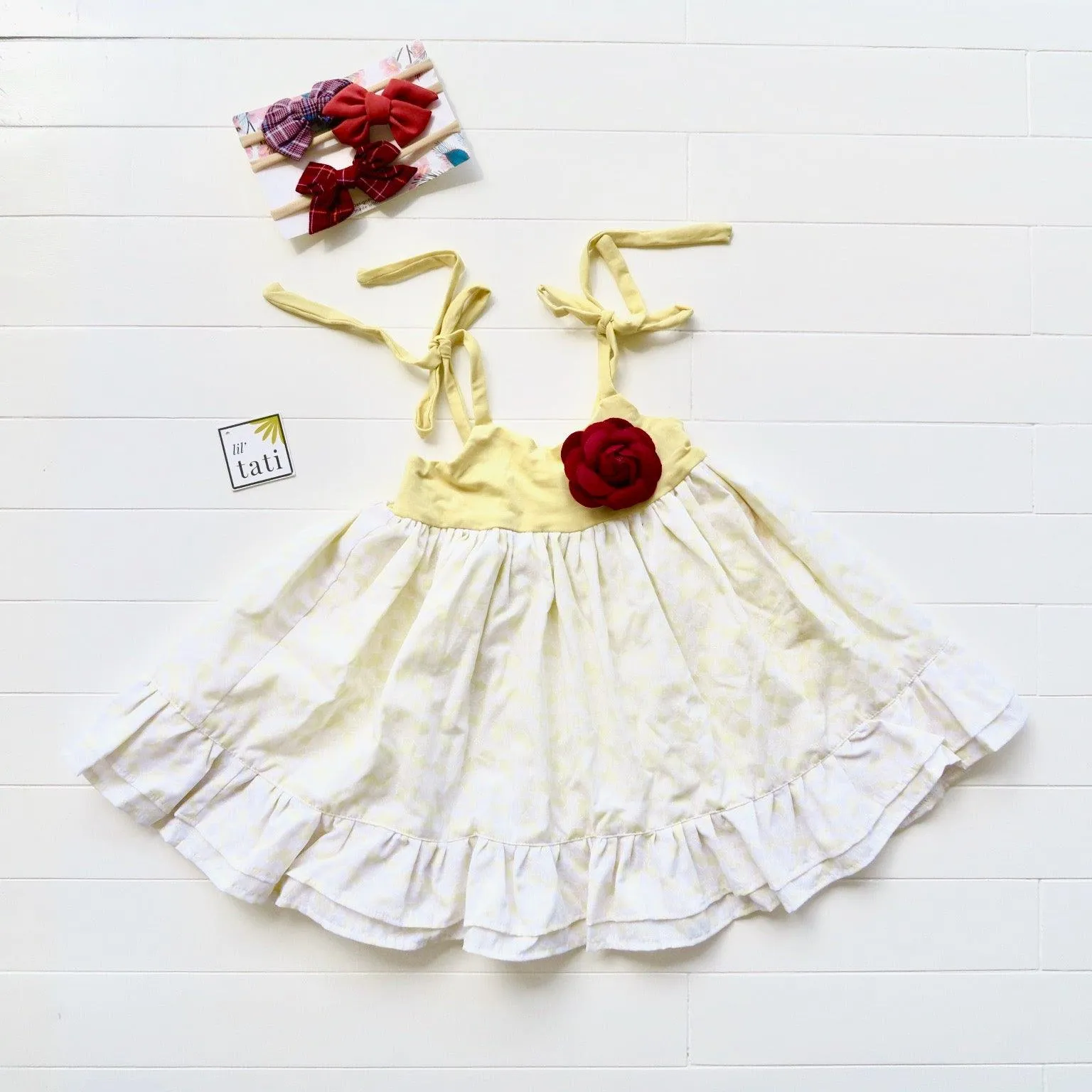 Dahlia Dress - Tie-Strap in Lil' Tati - Yellow Flower and Yellow Cotton Stretch