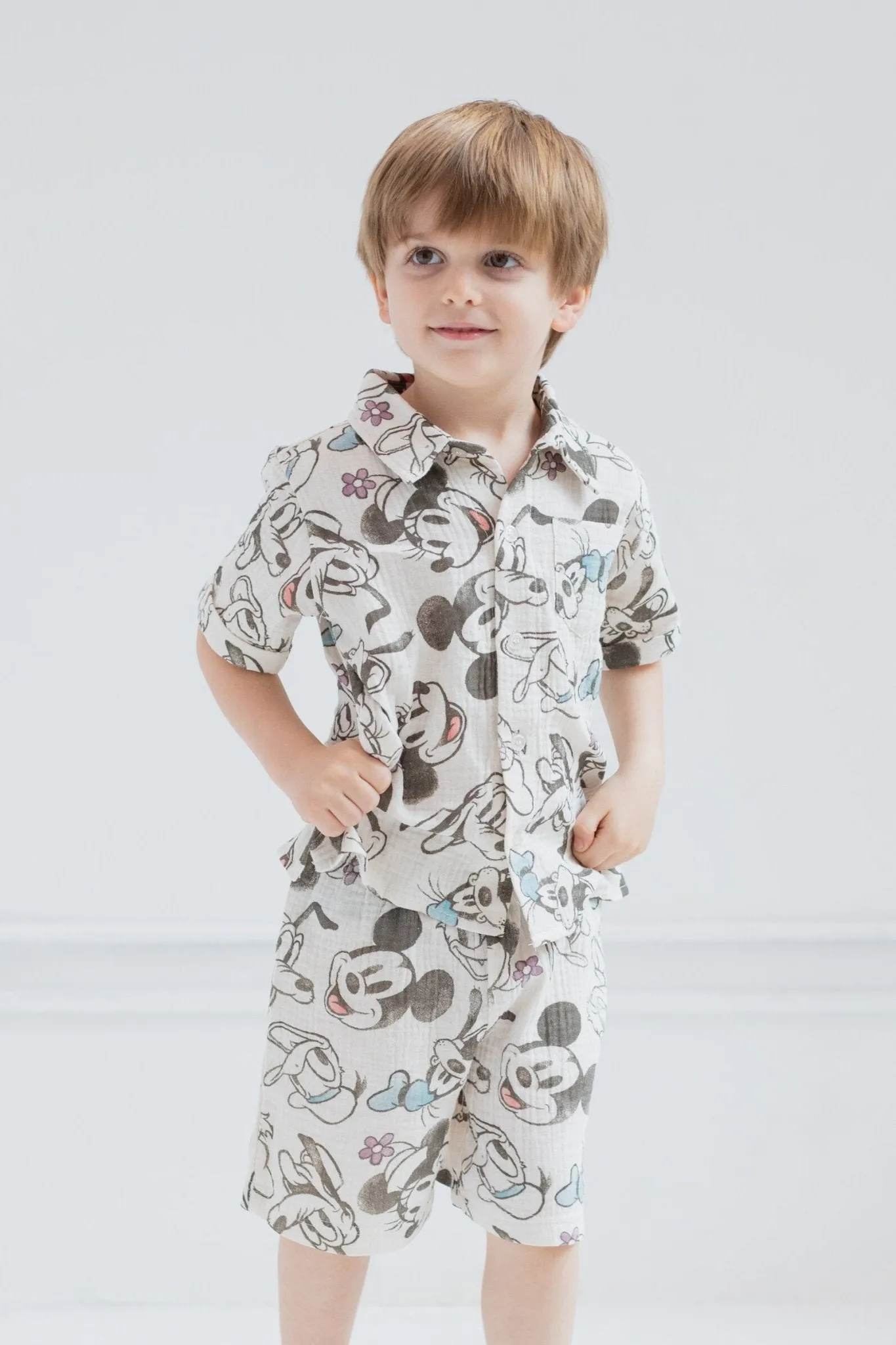 Disney Mickey Mouse Cotton Gauze Button Down Dress Shirt and Shorts Outfit Set