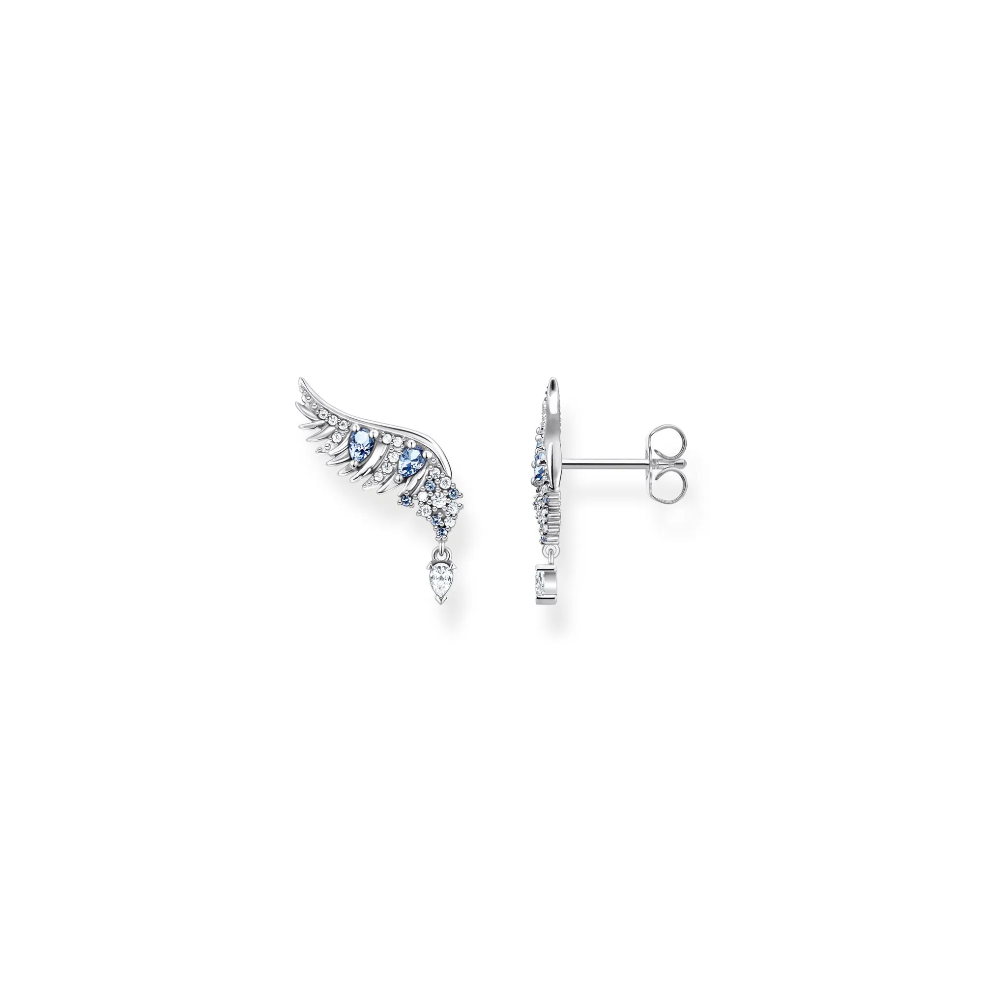 Ear studs Phoenix wing with blue stones silver