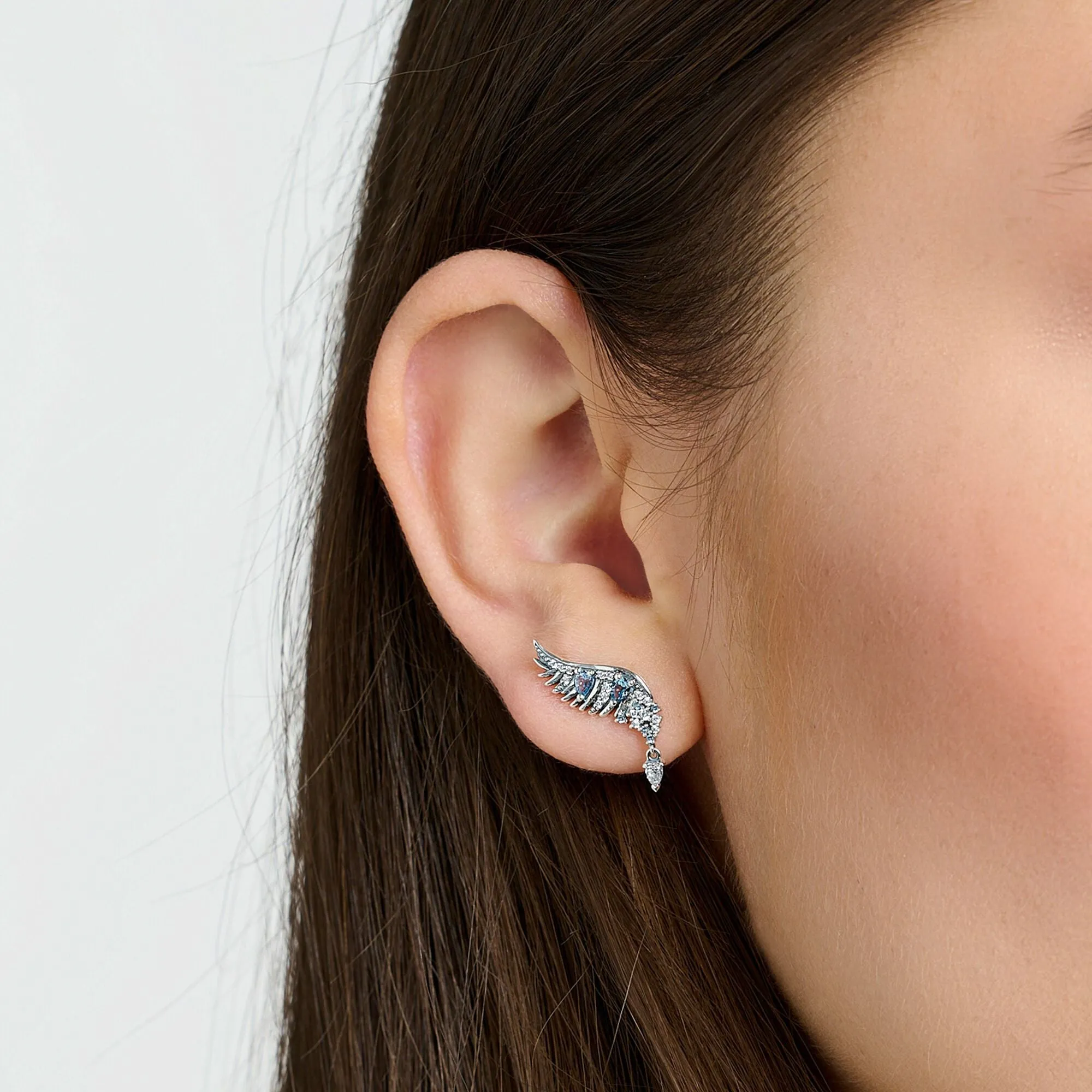 Ear studs Phoenix wing with blue stones silver