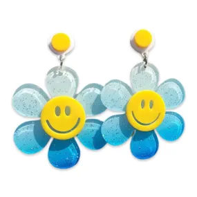 Earrings - Oversized daisy flower drops, glitter blue & white gradient