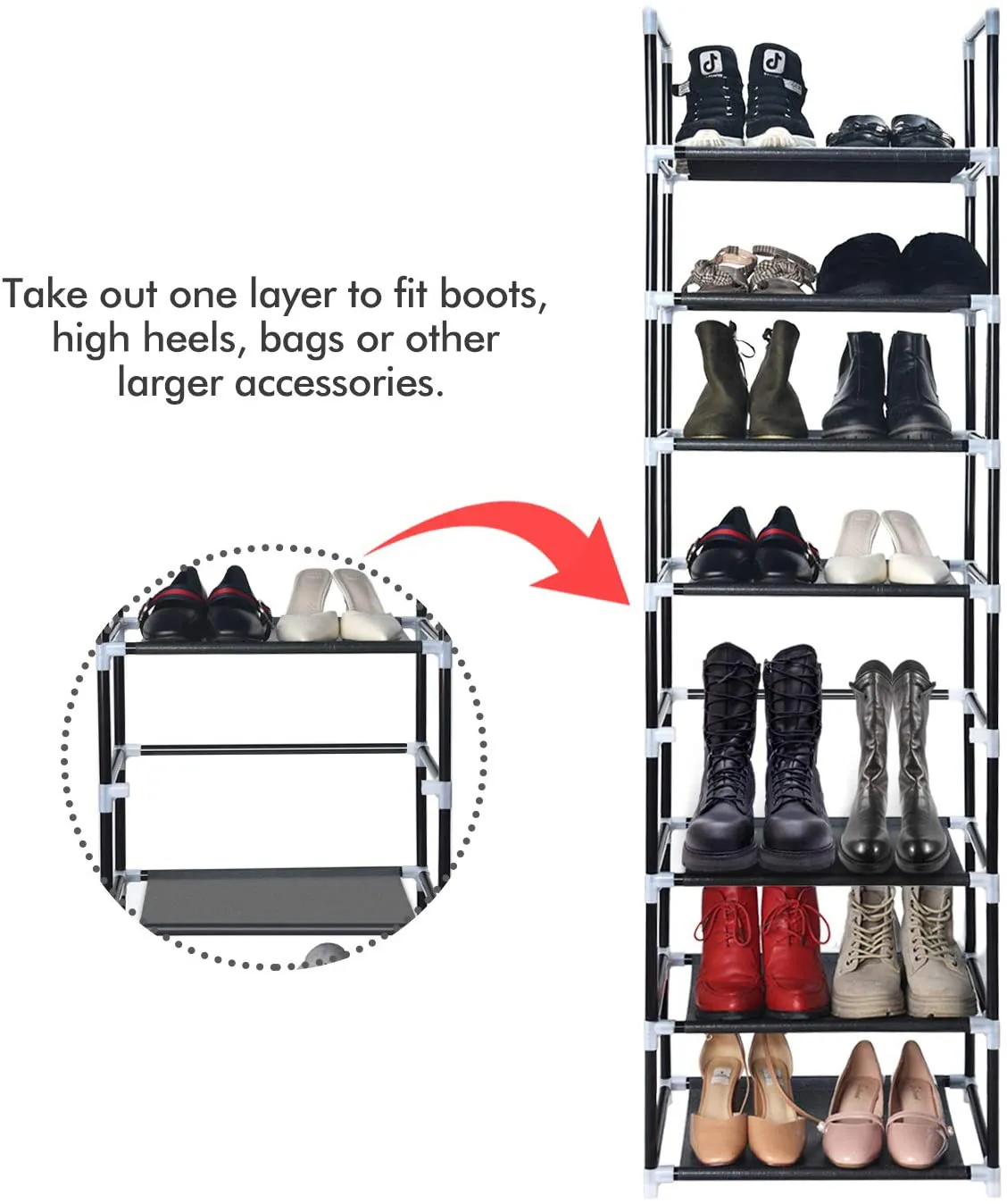 ERONE Shoe Rack Organizer 8 Tiers, Stackable and Durable Shoe Shelf Storage 16 pairs Metal Shoe Tower Space Saving 18 x 11.9 x 57.7(Black)