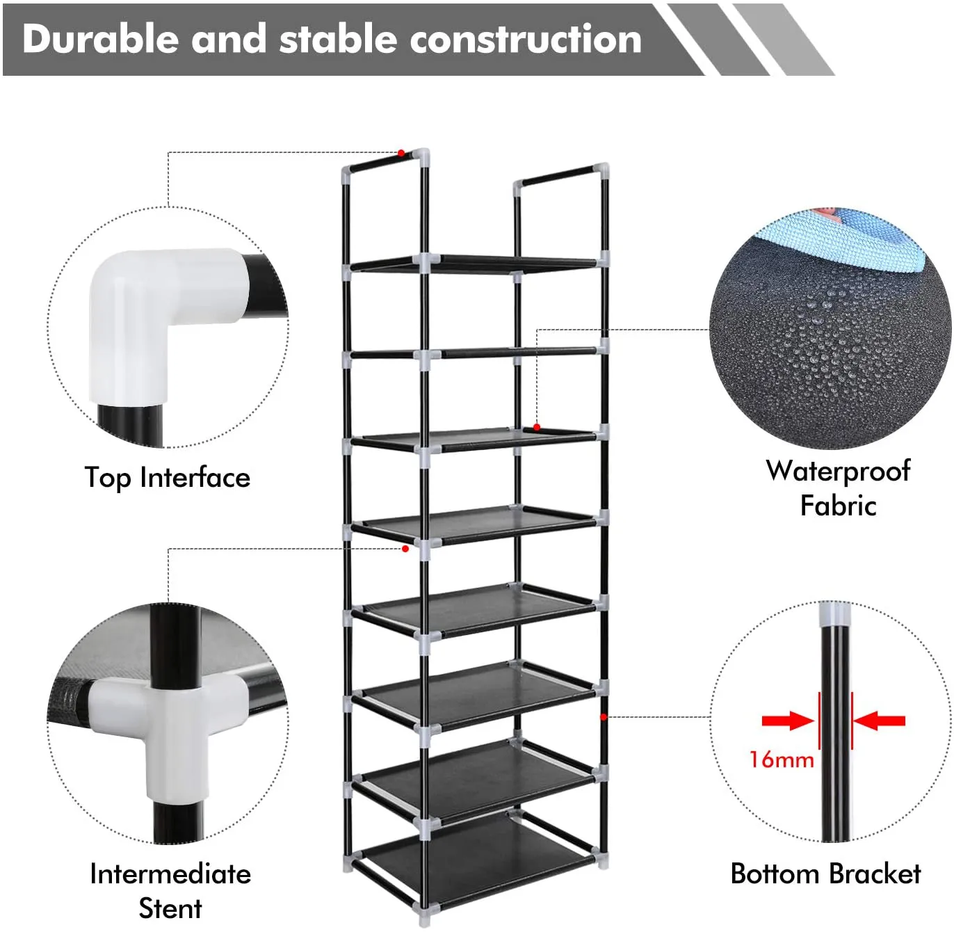 ERONE Shoe Rack Organizer 8 Tiers, Stackable and Durable Shoe Shelf Storage 16 pairs Metal Shoe Tower Space Saving 18 x 11.9 x 57.7(Black)