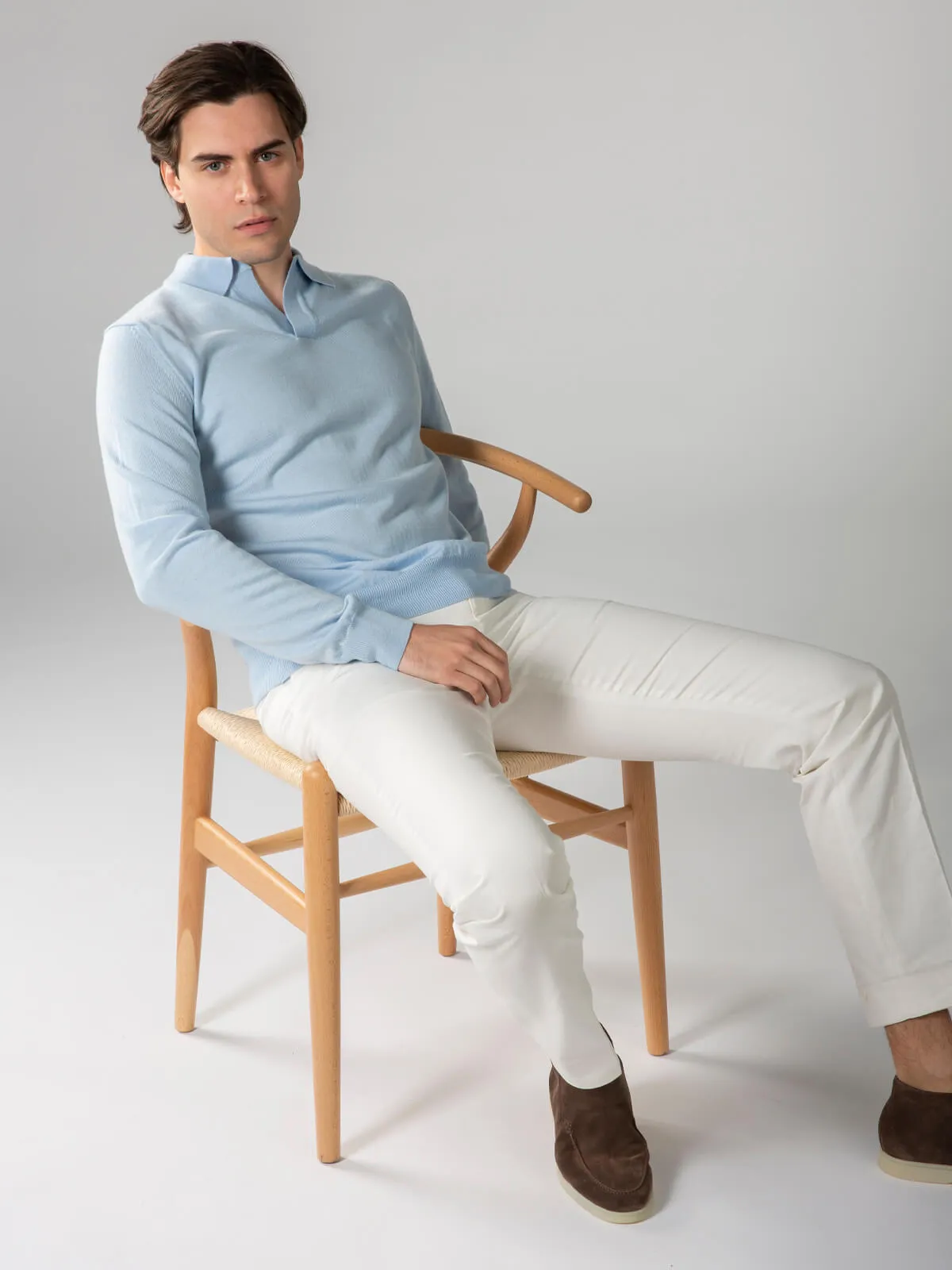 Extrafine Merino Buttonless Polo Light Blue