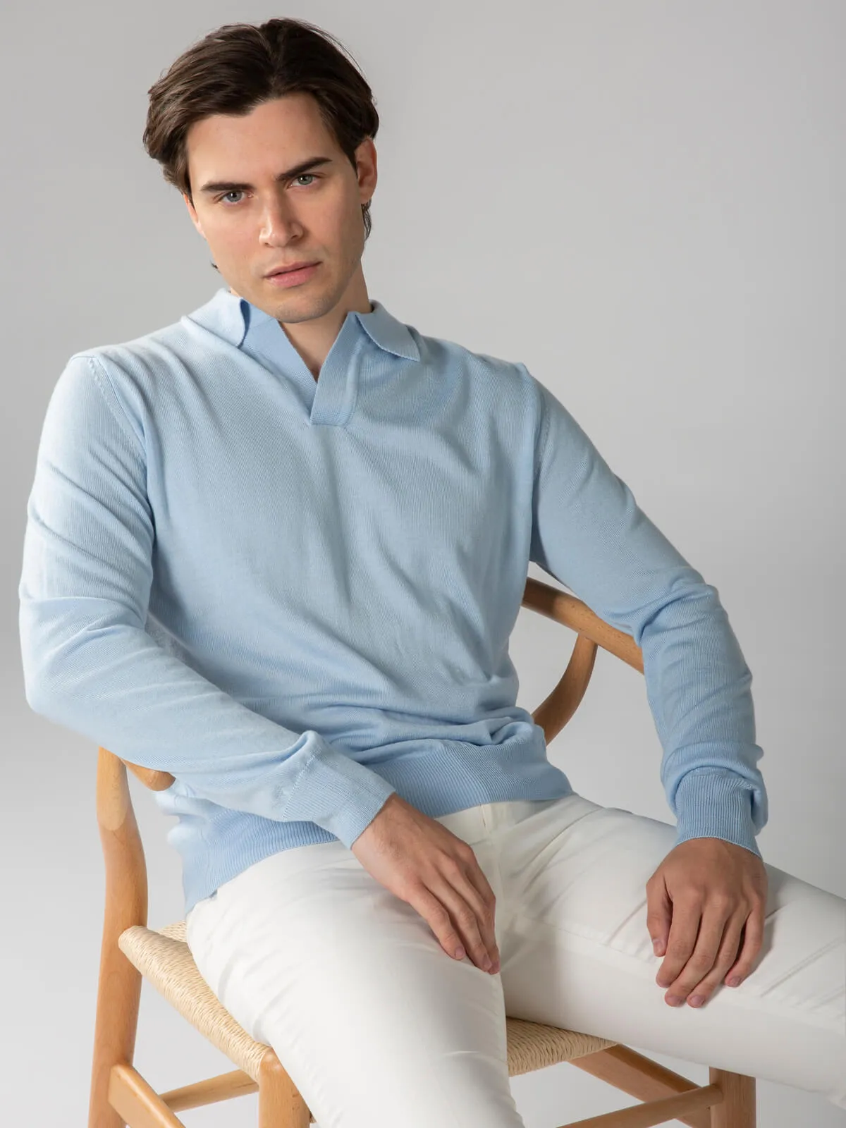 Extrafine Merino Buttonless Polo Light Blue