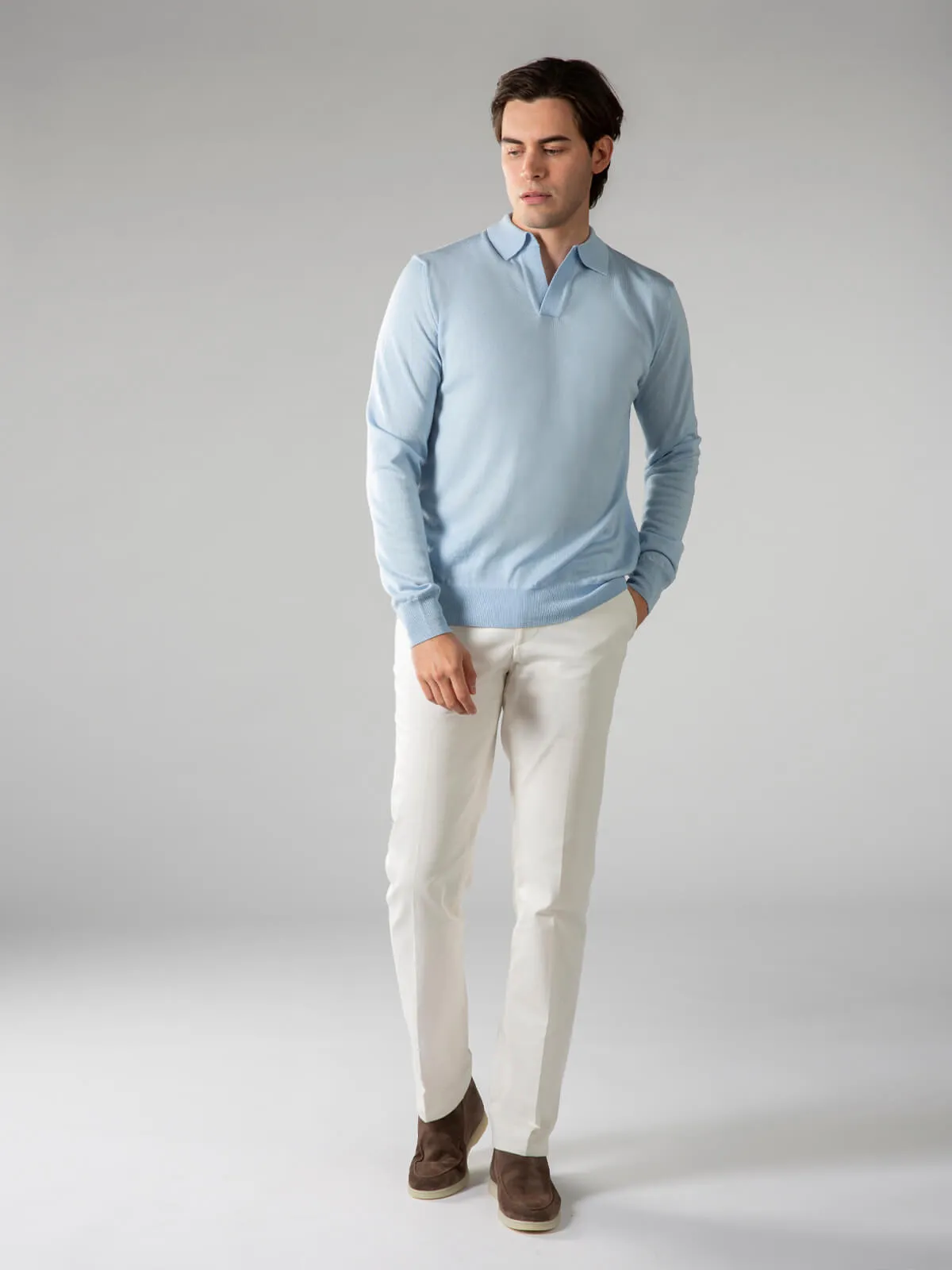 Extrafine Merino Buttonless Polo Light Blue