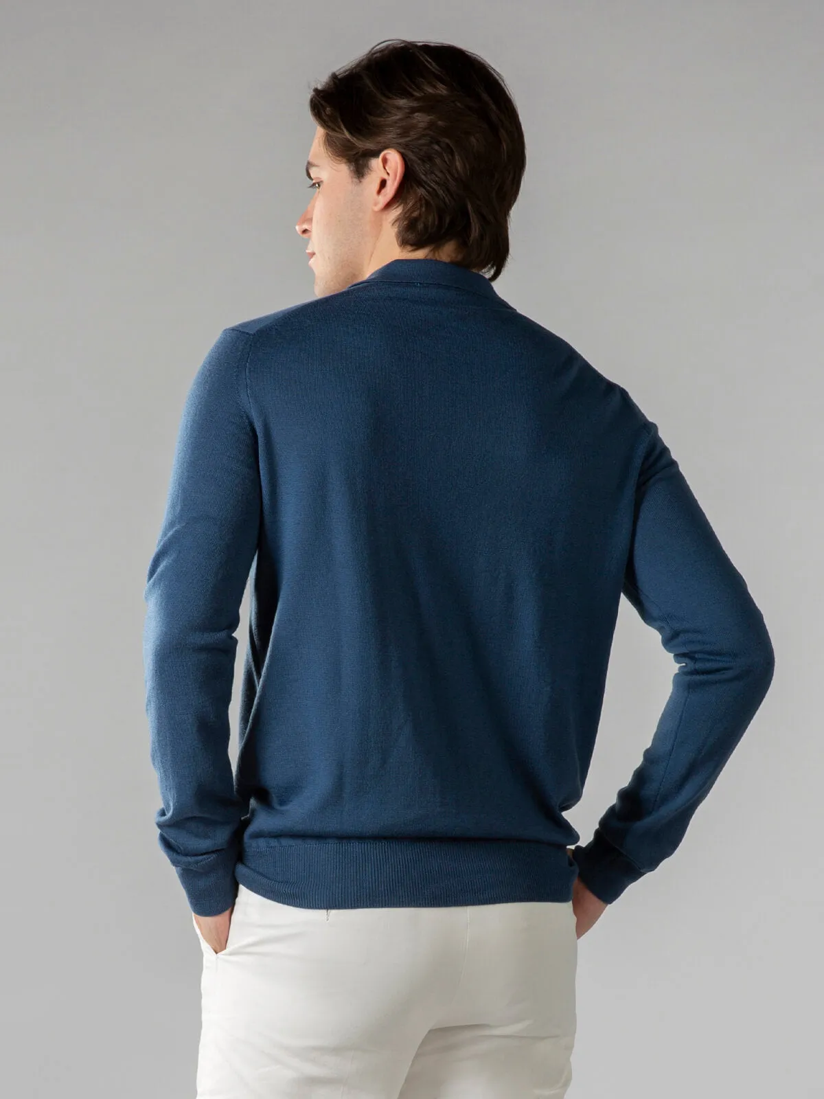 Extrafine Merino Buttonless Polo Steel Blue