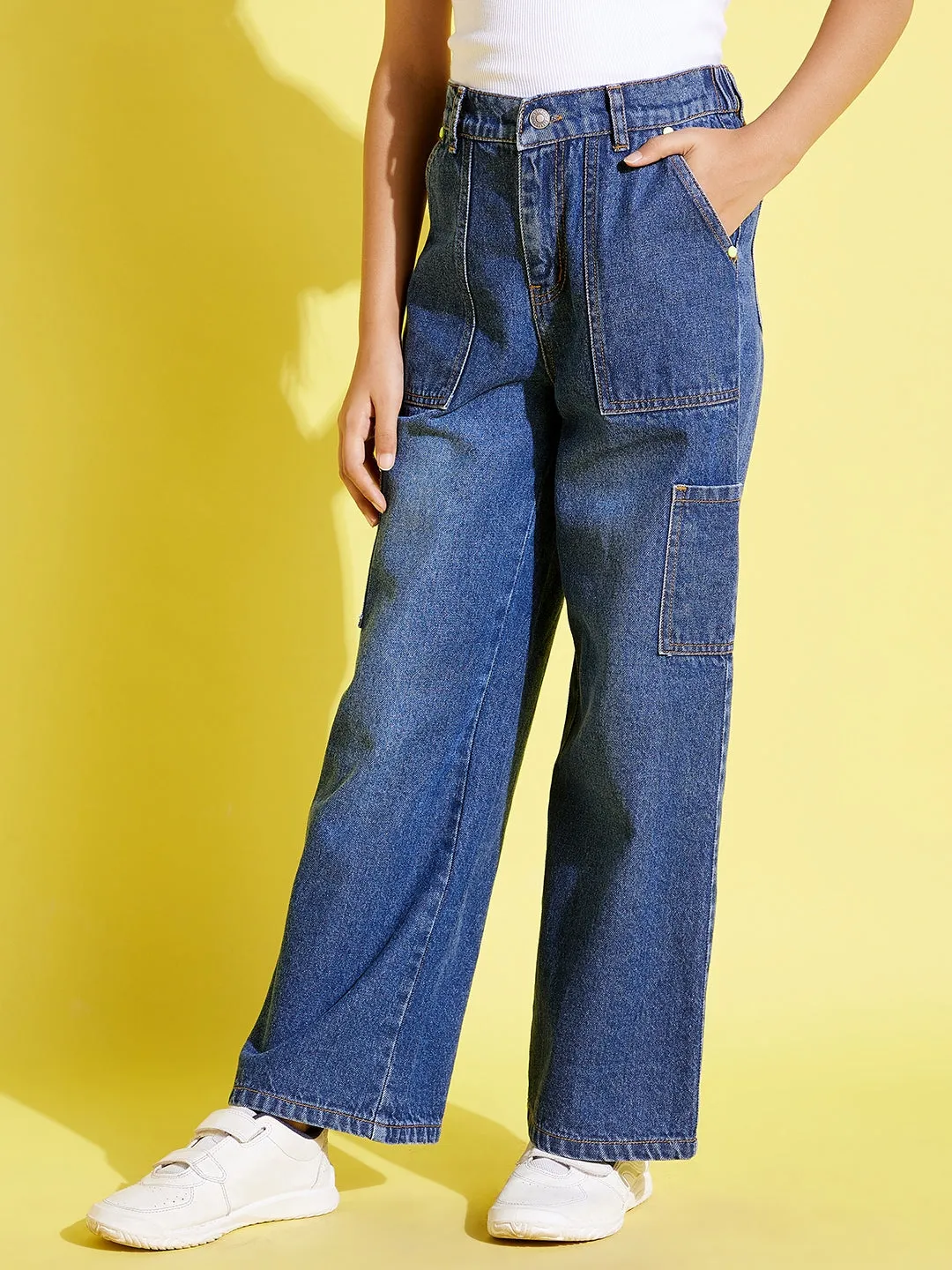 Girls Blue Patch Pocket Straight Jeans