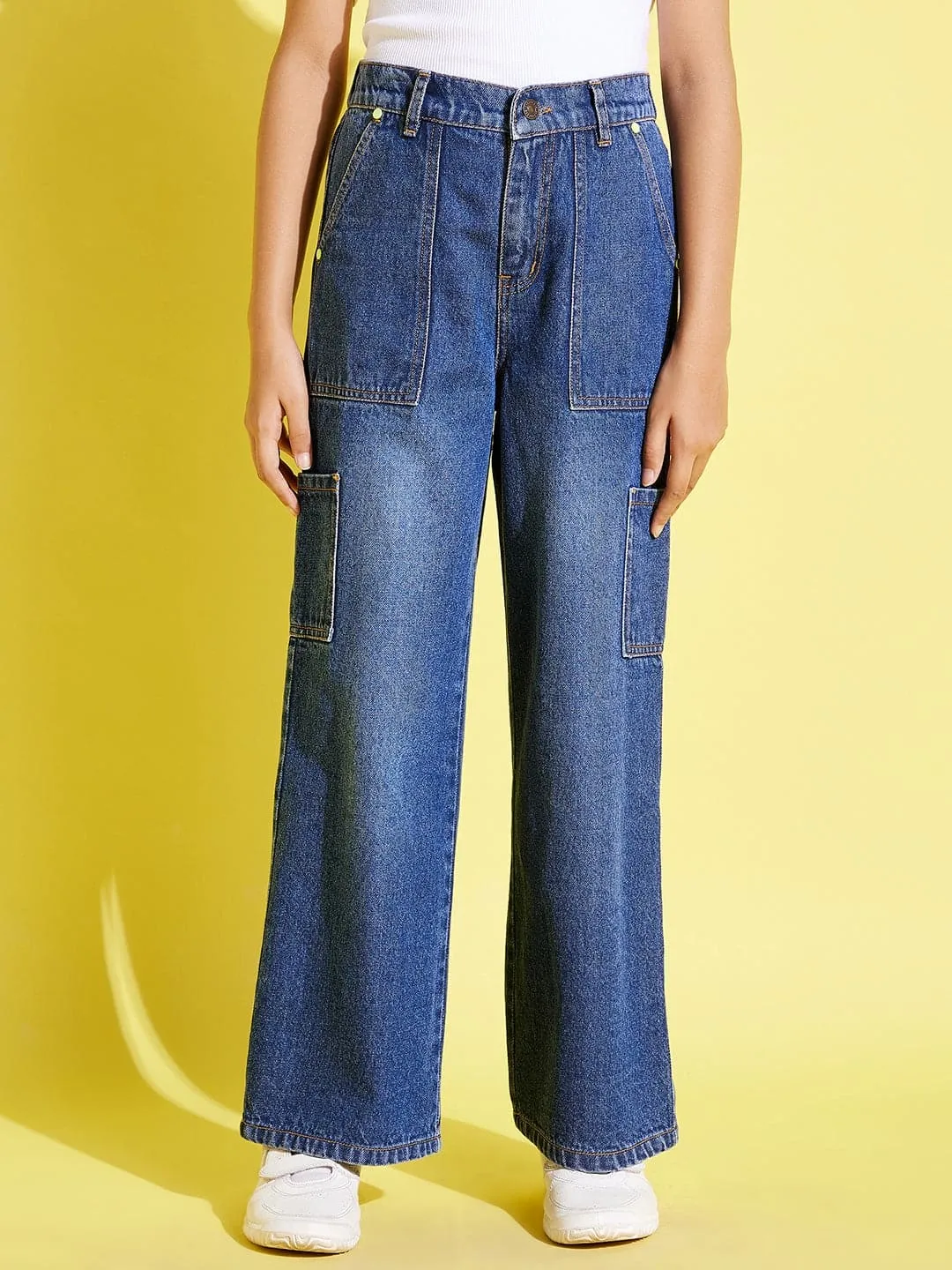 Girls Blue Patch Pocket Straight Jeans