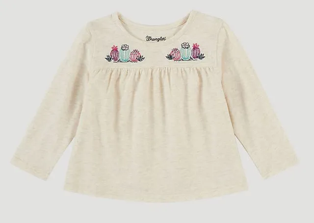 Girl's Wrangler Oatmeal with Cactus Embroidery Long Sleeve Top