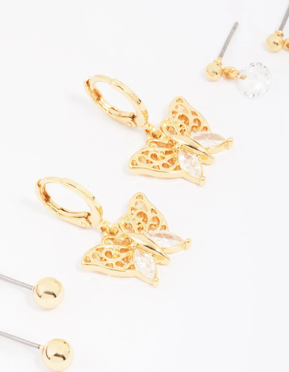 Gold Plated Cubic Zirconia Butterfly Earring 3-Pack