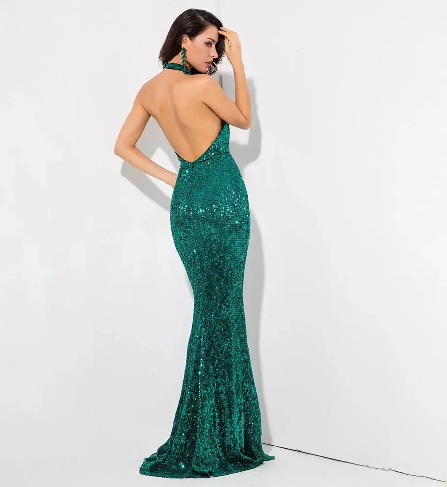 Green Sequin Fishtail Shape Long Dress