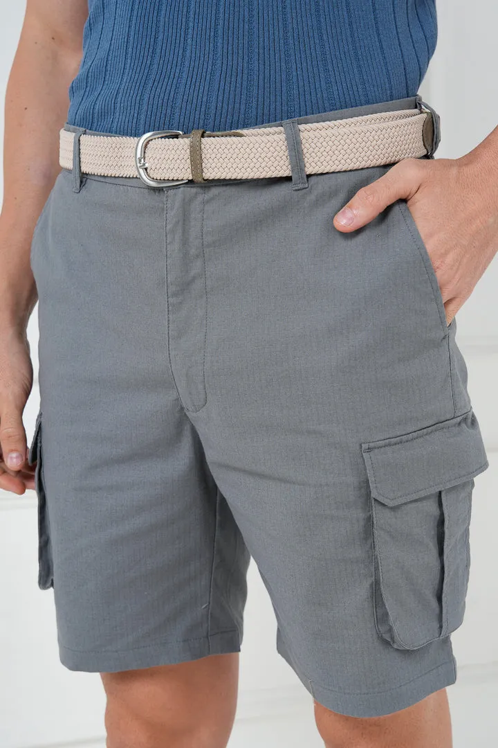 Grey Ripstop Textured Cargo Shorts