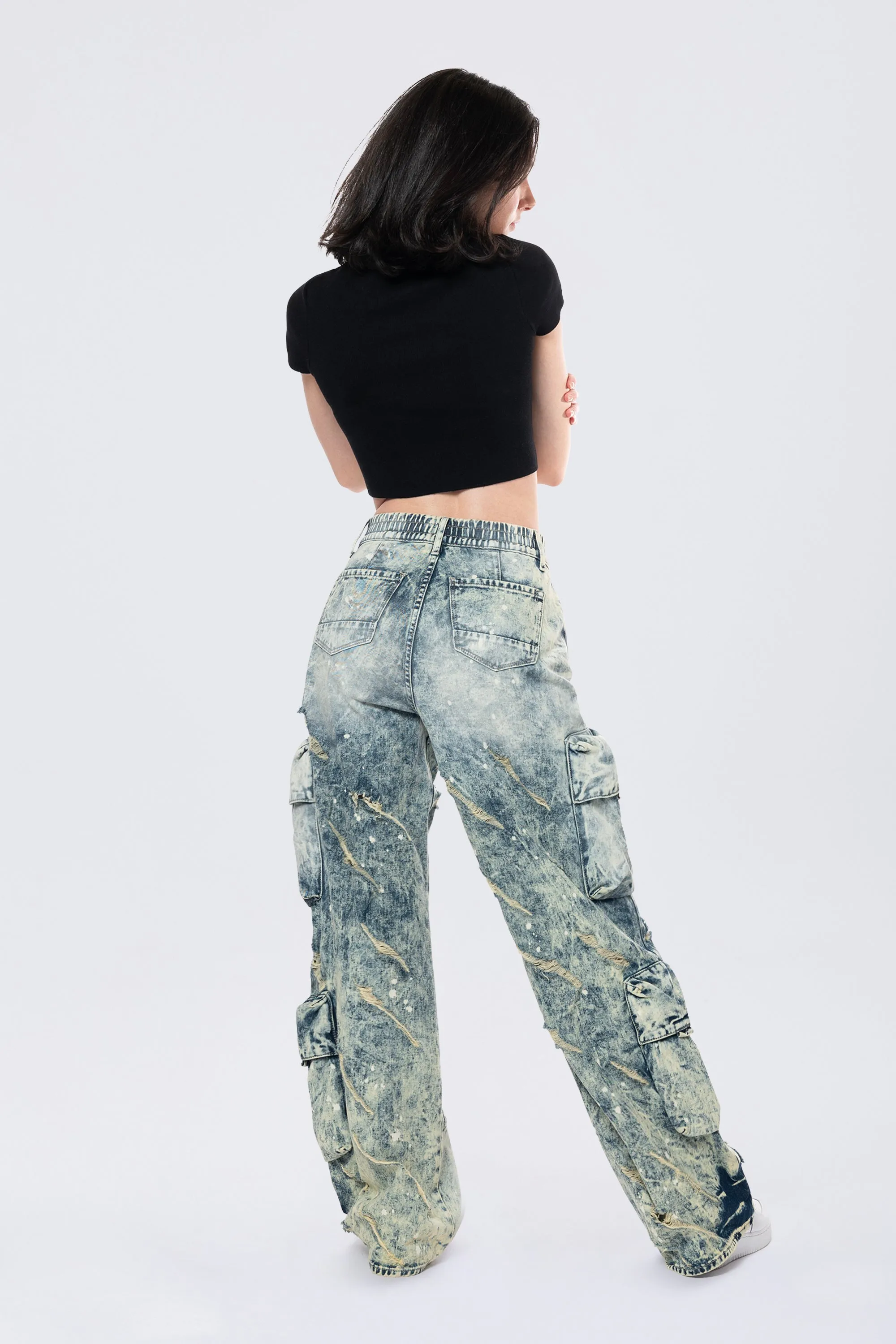 High Rise Distressed Wide Leg Jeans - Orion Blue