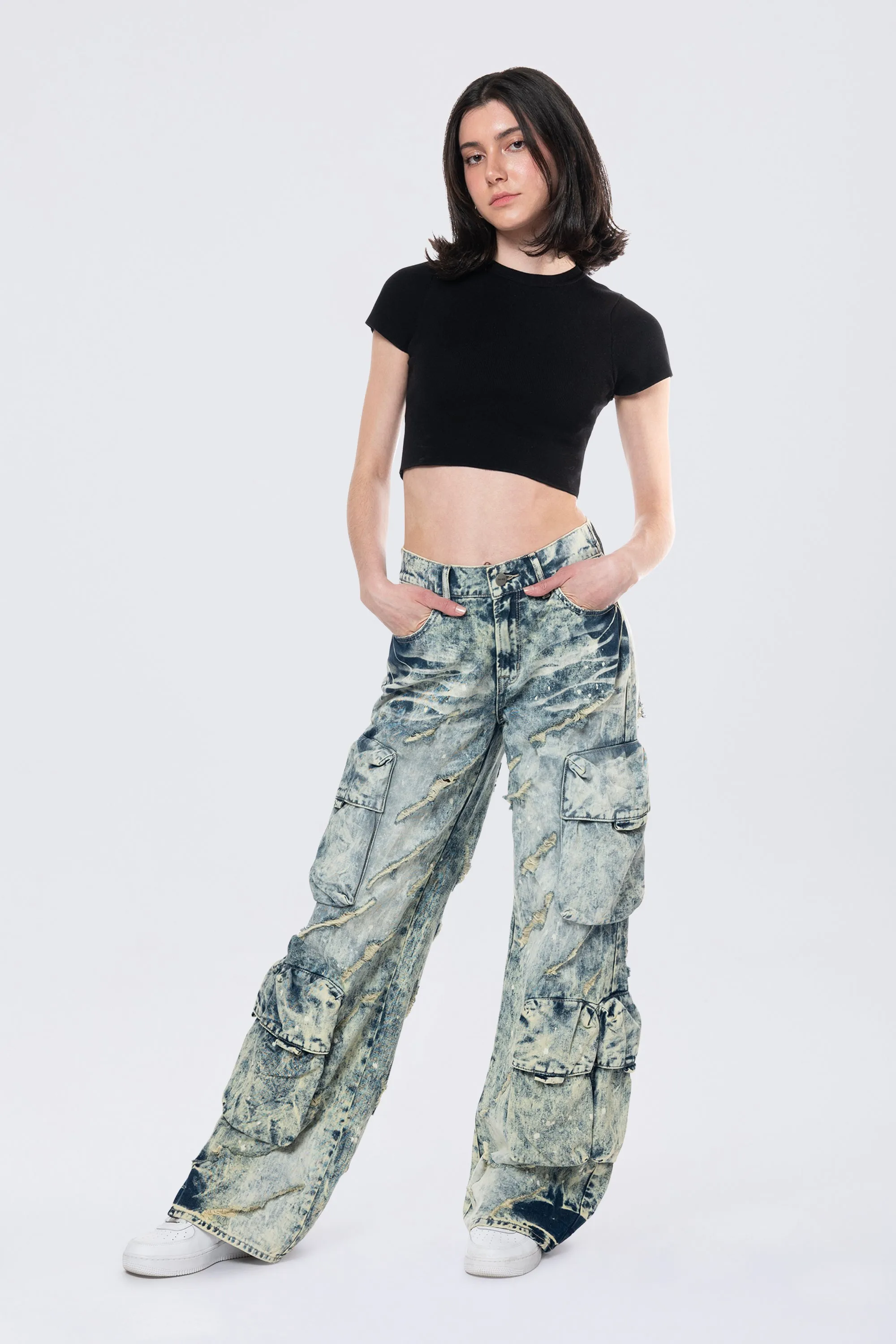 High Rise Distressed Wide Leg Jeans - Orion Blue