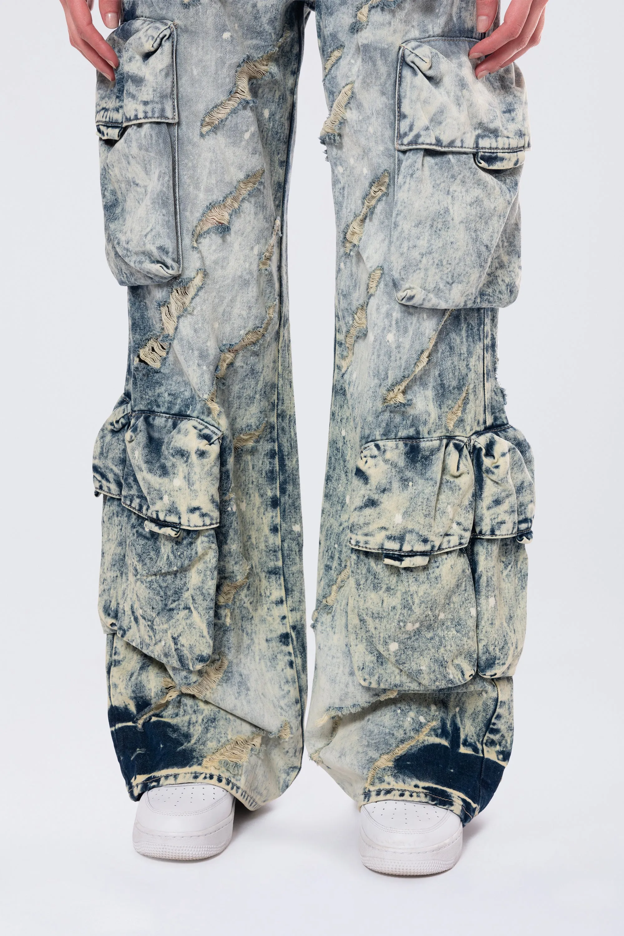 High Rise Distressed Wide Leg Jeans - Orion Blue