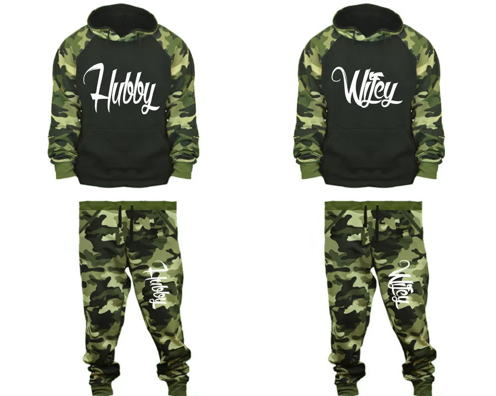 Hubby Wifey Couple Matching Camo Hoodies and Jogger Pants Top & Bottom Sets