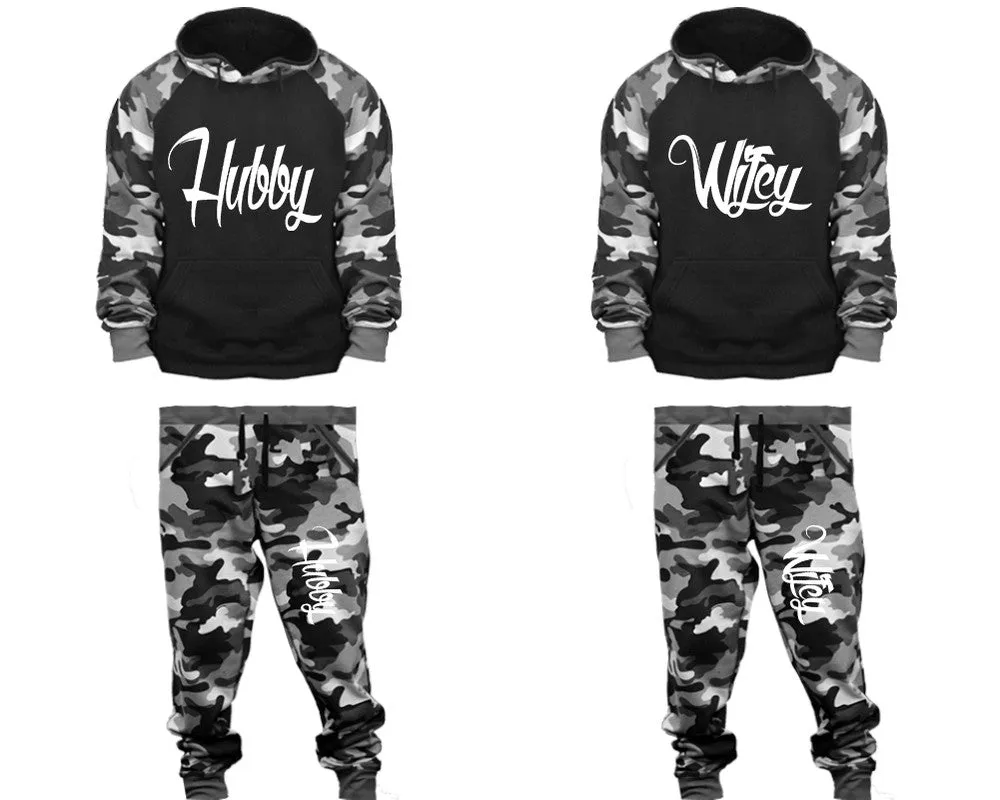 Hubby Wifey Couple Matching Camo Hoodies and Jogger Pants Top & Bottom Sets