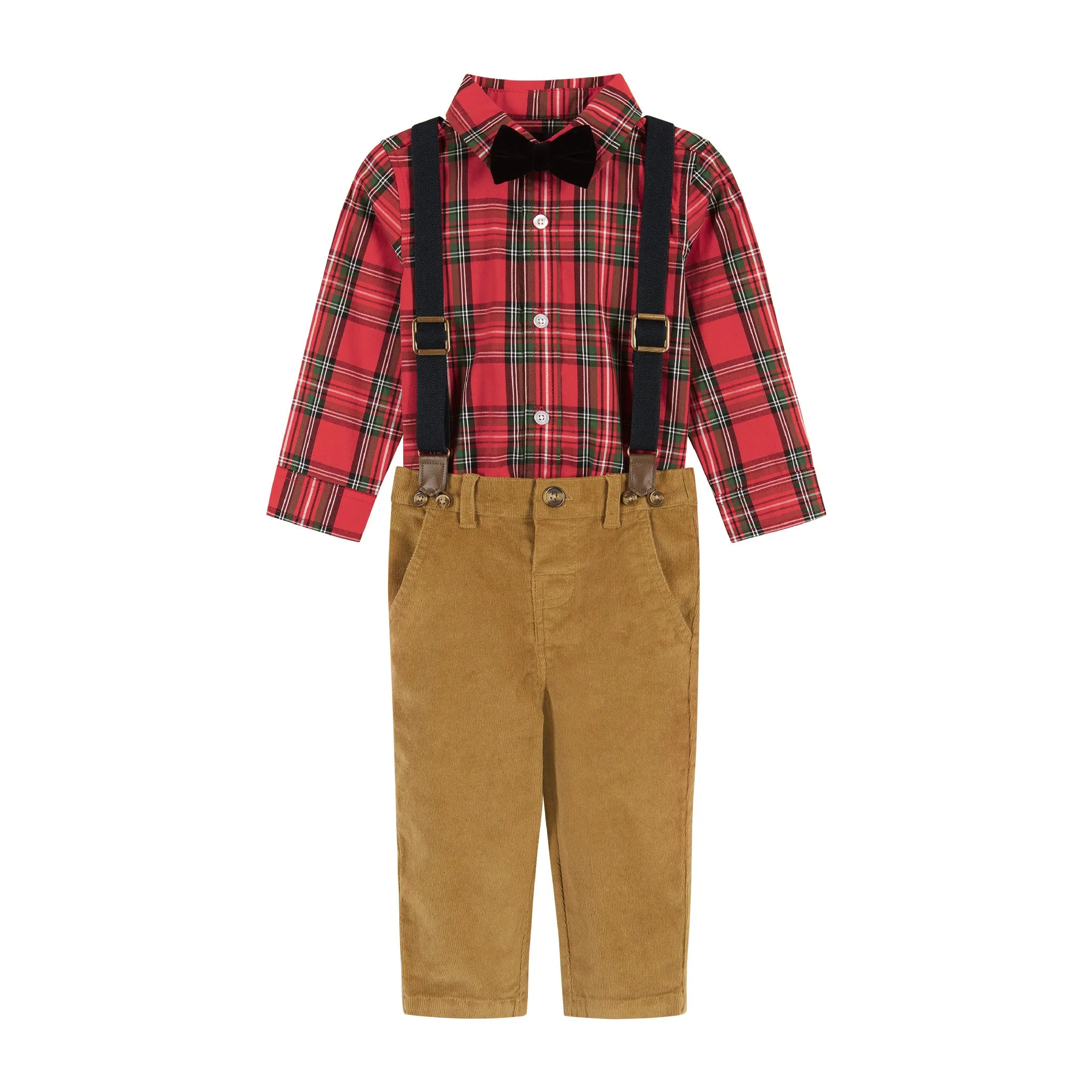 Infant Red Plaid Flannel Buttondown w/ Suspenders Set  | Red