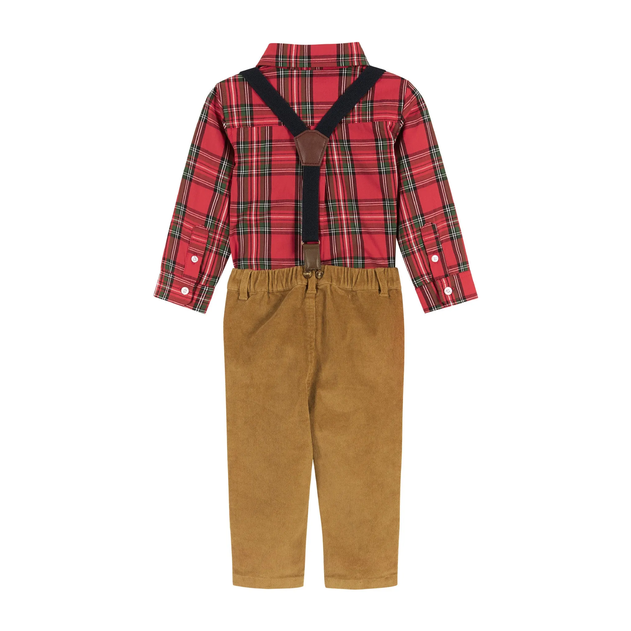 Infant Red Plaid Flannel Buttondown w/ Suspenders Set  | Red