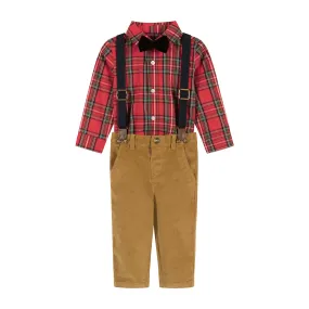 Infant Red Plaid Flannel Buttondown w/ Suspenders Set  | Red