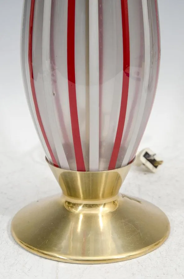 Italian Modern Murano Glass Drop Lamps with Red and White Caning, Pair