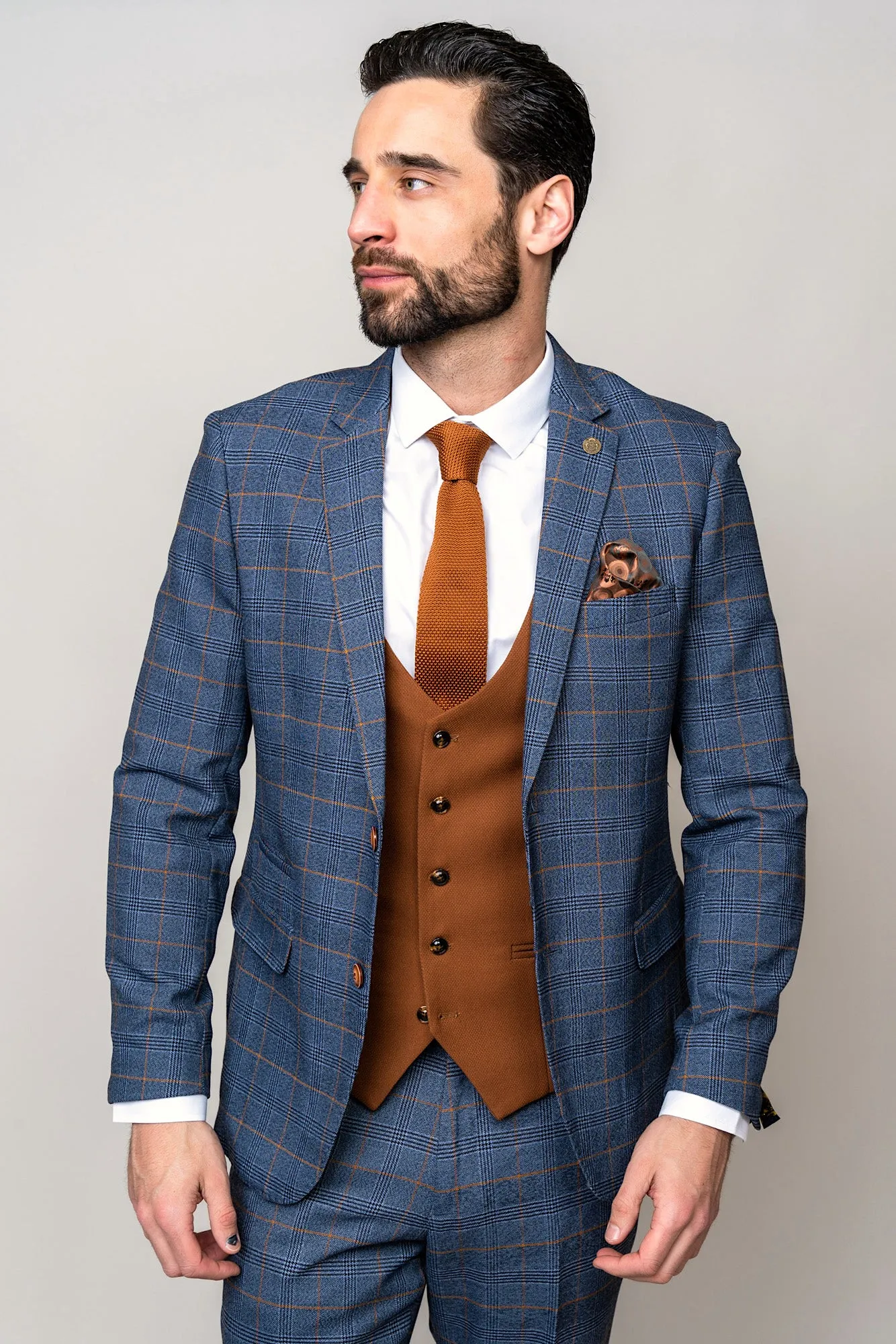 JENSON - Sky Blue Check Suit with Kelvin Tan Waistcoat