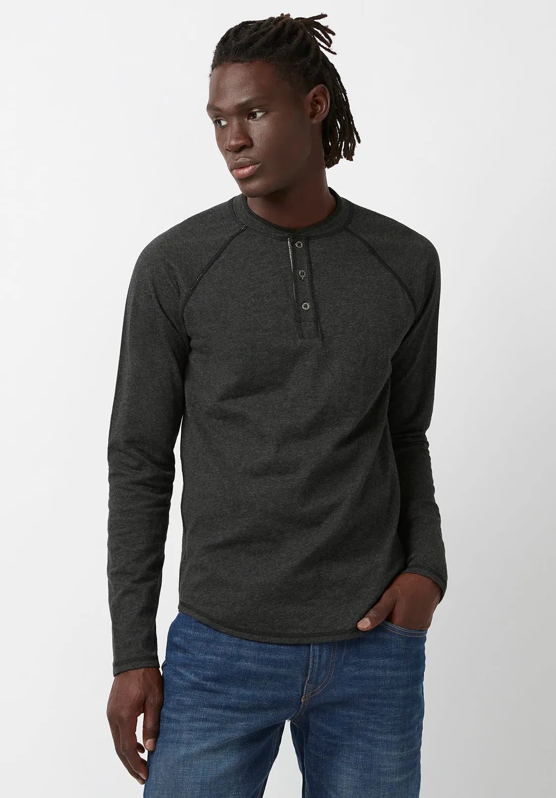 Kariver Men's Long-Sleeve Henley Top in Heather Black - BM24026