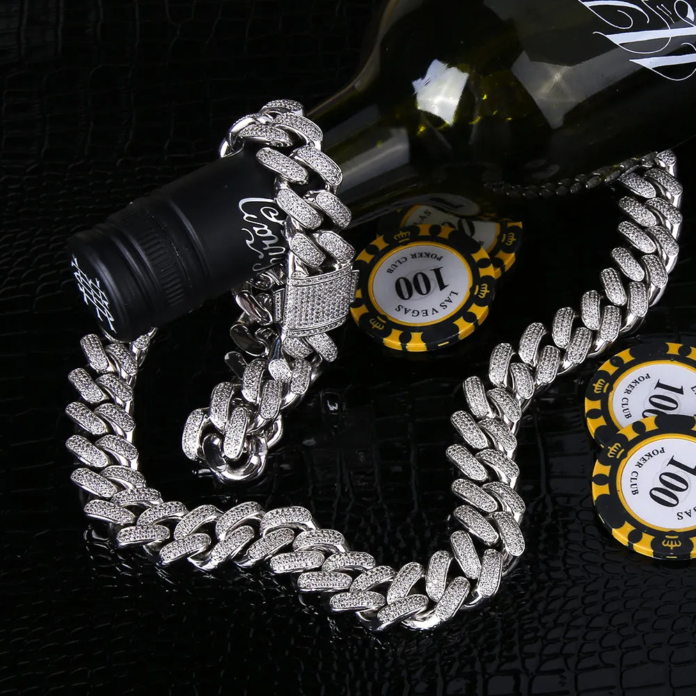 KRKC 18mm Iced Out Mens Cuban Chain and Bracelet Set in White Gold