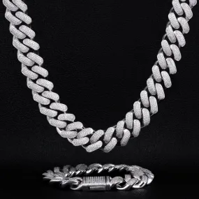 KRKC 18mm Iced Out Mens Cuban Chain and Bracelet Set in White Gold